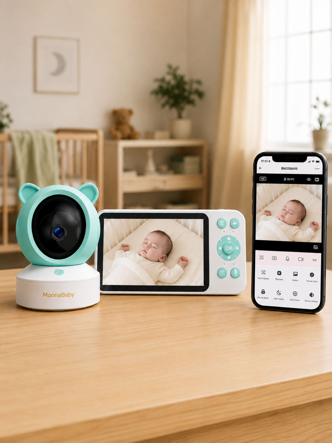 MoonaBaby Smart Baby Monitor — 5" HD Screen + Wi-Fi Camera with Night Vision & Two-Way Talk